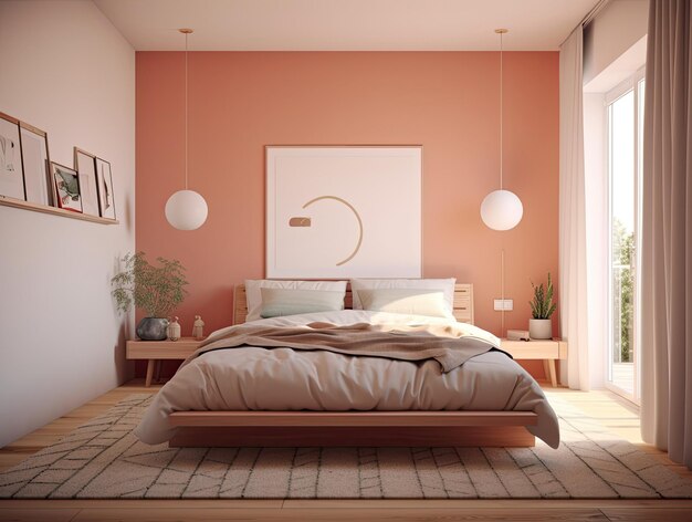 Minimalne Wnętrze Sypialni Z Modelem Dekoracji Domowej Nowoczesne Tło Projektowe Generatywna Sztuczna Inteligencja