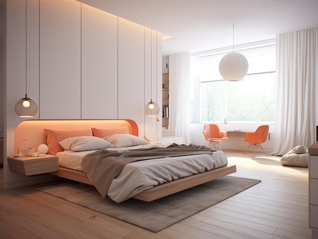 Minimalne wnętrze sypialni z modelem dekoracji domowej Nowoczesne tło projektowe Generatywna sztuczna inteligencja
