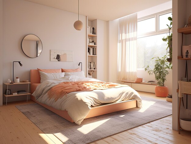 Minimalne Wnętrze Sypialni Z Modelem Dekoracji Domowej Nowoczesne Tło Projektowe Generatywna Sztuczna Inteligencja