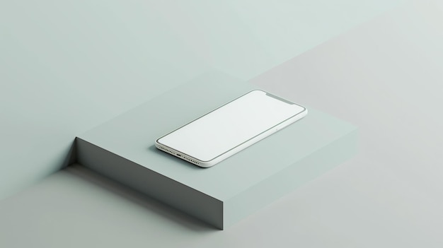 Zdjęcie minimalny 3d rendering smartfonu na podium smartfon jest biały, a podium jest szare tło jest jasnoniebieskiego koloru