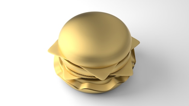 Minimalny cheeseburger 3d złota na białym tle. renderowania 3D.
