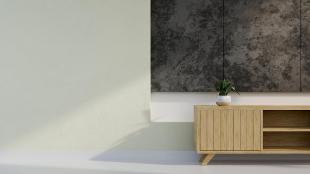 Minimalny komfortowy skandynawski wystrój salonu z nowoczesną drewnianą szafką