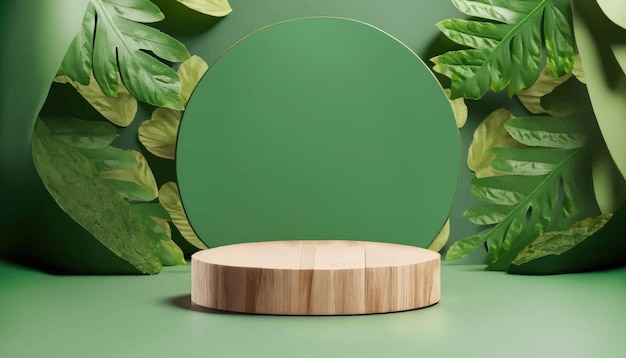 Minimalny nowoczesny wyświetlacz produktów na zielonym tle Podium drewniane i zielone liście Scena koncepcyjna
