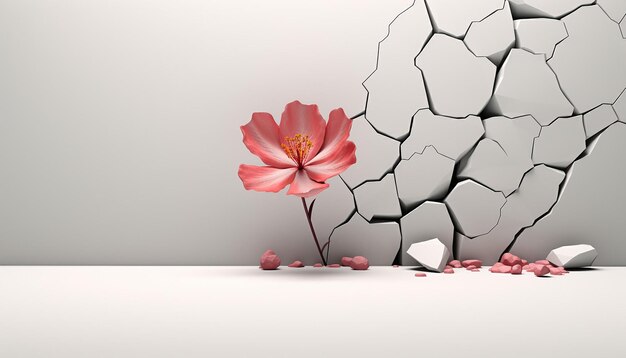 minimalny plakat 3D pokazujący pojedynczy żywy kwiat kwitnący z pęknięcia na powierzchni kamienia