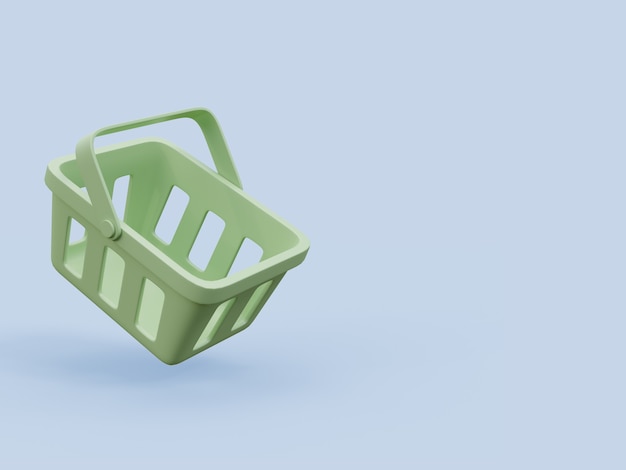 Minimalny styl zielony koszyk na zakupy na niebieskim tle z kopią przestrzeni 3d render ilustracji