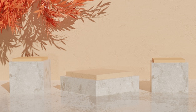 minimalny widok marmurowego podium z pomarańczowymi liśćmi dla zdjęcia premium produktu