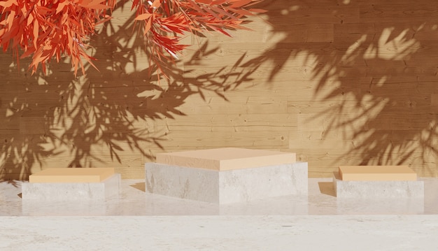 minimalny widok marmurowego podium z pomarańczowymi liśćmi i drewnianym tłem dla zdjęć premium produktów