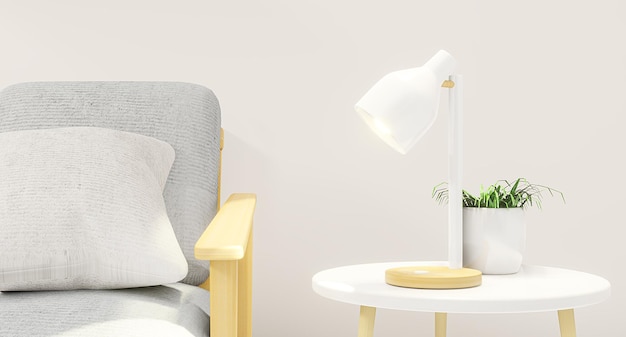 Minimalny wystrój wnętrza pokój z sofą niski stół Dekoracja roślina i projekt w stylu japońskim Ustaw lampę stołową na ścianie Rendering 3D Wnętrze Nowoczesny salon Styl japońskiRenderowanie 3D