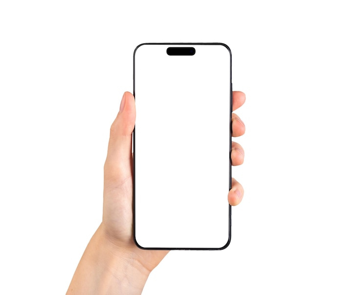 Zdjęcie mińsk białoruś 14 listopada 2022 ręka trzymaj makietę ekranu telefonu nowego iphone 14 pro na białym tle szablon z pustym wyświetlaczem makieta smartfona
