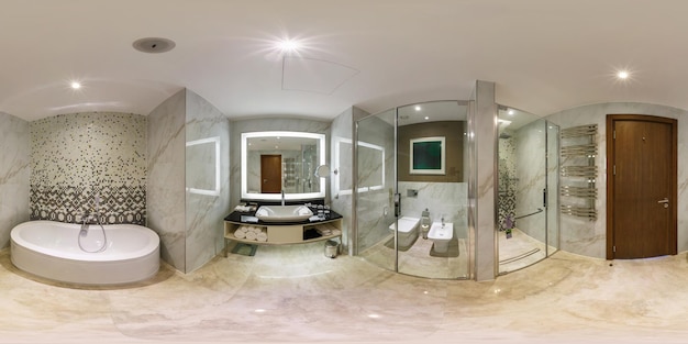 MIŃSK BIAŁORUŚ 27 LIPCA 2017 Widok panoramy 360 w nowoczesnej pustej łazience toaleta toaleta pełna panorama 360 na 180 stopni w sferycznej projekcji równoprostokątnej skybox VR AR content