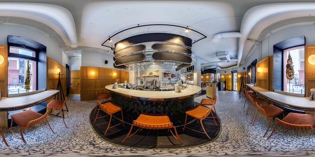 MIŃSK BIAŁORUŚ MARZEC 2019 Pełna sferyczna bezszwowa panorama hdri 360 stopni kąt widzenia wewnątrz wnętrza restauracji sklepowej ze świeżą rybą w rzucie prostokątnym Zawartość VR AR