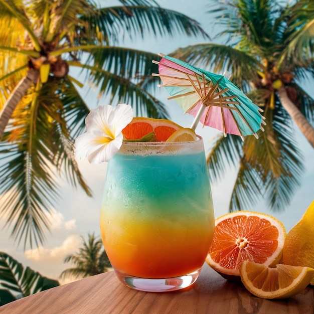 Mintowo-niebieskie napoje pomarańczowe i nacięte cytrusowe białe kwiaty kokosa