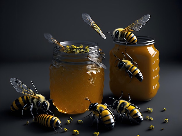 Miód i pszczoły realistyczne na czarnym tle ai generatywne