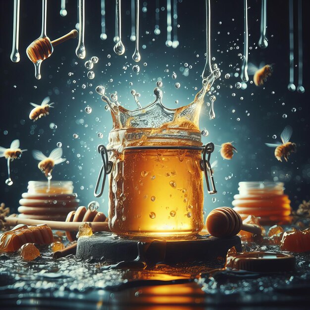Zdjęcie miód w łopatkach z pszczołami w słoiku kapający z miodowego koła realistyczny generative ai.
