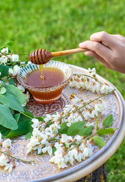Zdjęcie miód z akacji w ogrodzie selektywne skupienie