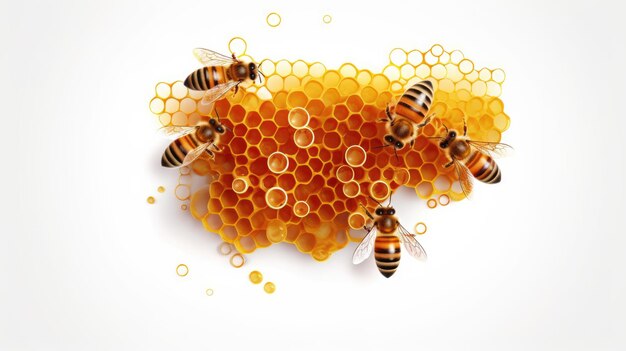 Miód z pszczołą na białym tle, widok z góry Stworzony przy użyciu technologii generatywnej AI