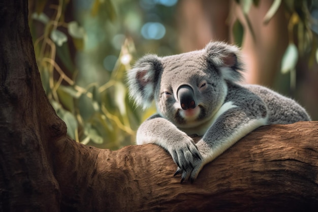 Miś koala siedzi na gałęzi drzewa.