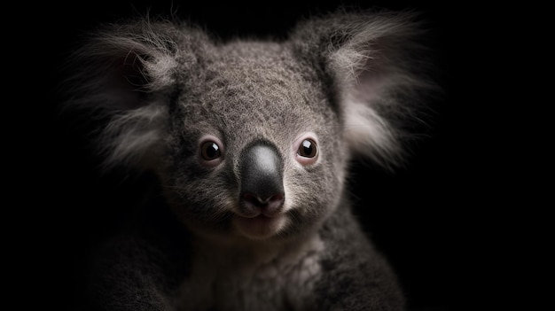 Miś koala siedzi w ciemnym pokoju.