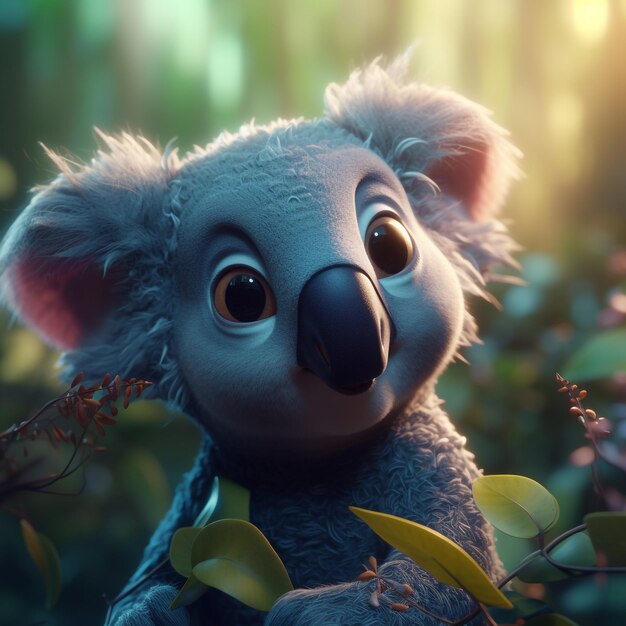 Miś koala siedzi w lesie na zielonym tle.