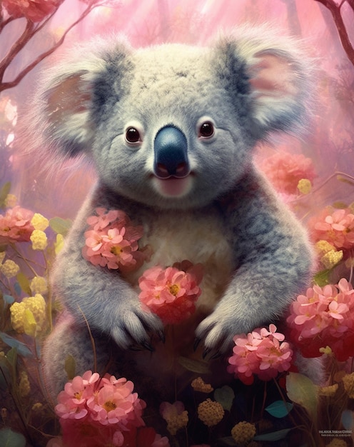 Miś koala siedzi w różowym kwiecistym lesie.