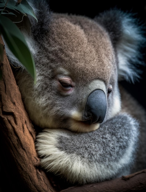 Miś koala spoczywa na gałęzi drzewa.