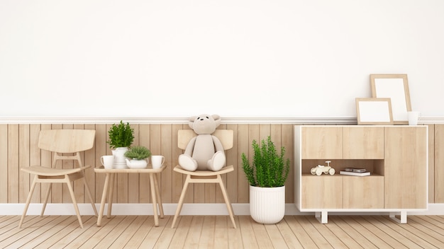 Zdjęcie miś na krześle w dzieciaka pokoju lub sklep z kawą - 3d rendering