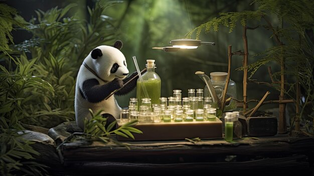 miś panda bawi się butelką płynu.
