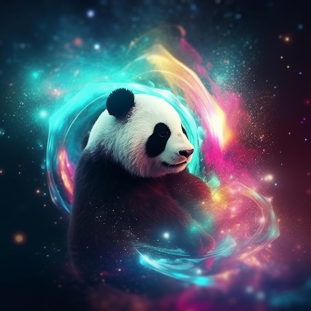 Miś panda jest otoczony galaktyką, a kolory to niebieski i różowy.