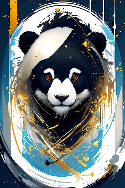 Miś panda jest pokazany złotą i niebieską farbą.