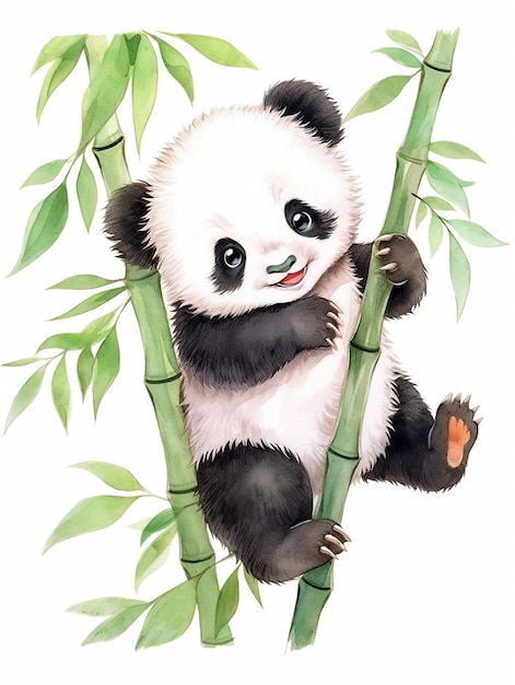 Zdjęcie miś panda siedzi na bambusowym drzewie z zielonymi liśćmi generatywnymi ai