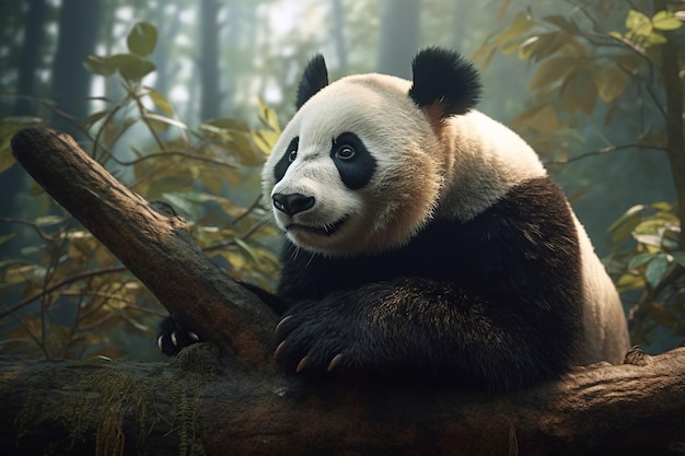 Miś panda siedzi na gałęzi w lesie.