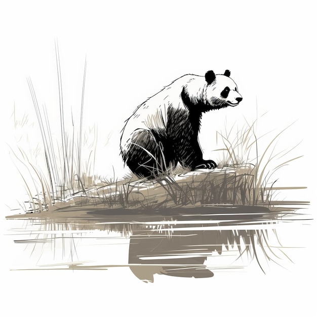 miś panda siedzi na pniu i wpatruje się w wodę. ten dynamiczny szkic oddaje istotę sceny dzięki niskiej rozdzielczości i polom pociągnięć pędzla. szczegółowe sceny polowań dodają głębi