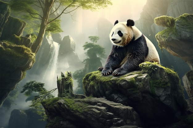 Miś panda siedzi na skale w lesie