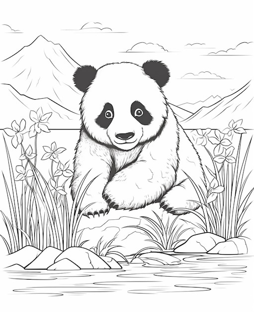 Miś panda siedzi na skale w wodzie z górami w tle generatywna ai