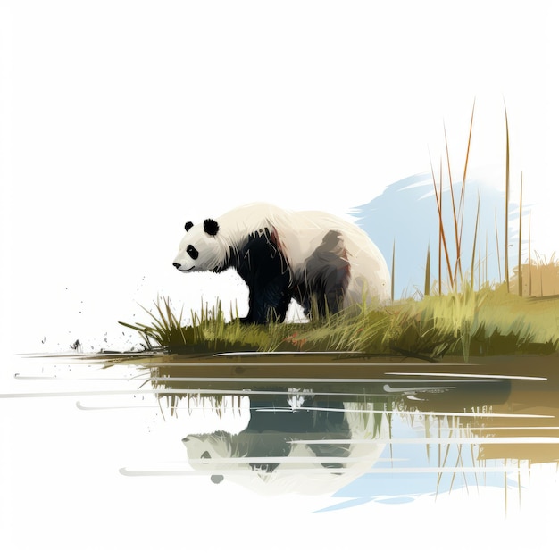 miś panda siedzi spokojnie nad wodą, prezentując niepowtarzalny styl płaskiego pędzla. ten odizolowany krajobraz oddaje esencję wielowarstwowego realizmu, z wybuchową przyrodą i oszałamiającymi refrenami