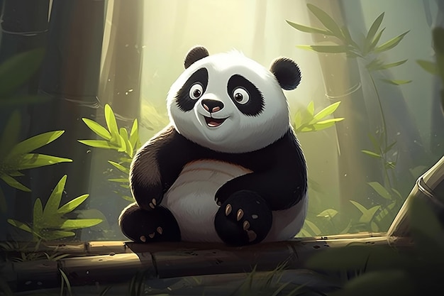 Miś panda siedzi w bambusowym lesie.