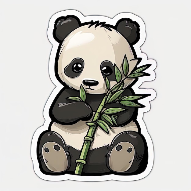Miś panda siedzi z bambusową gałązką w dłoniach.