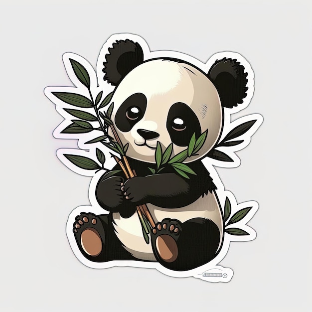Miś panda siedzi z gałęzią w łapach.