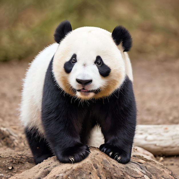 Miś panda stoi na kłodzie w ziemi.