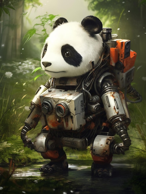 Miś panda stoi w lesie w kombinezonie robota.