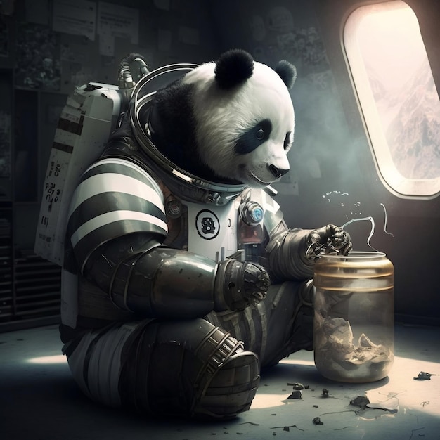Miś panda w skafandrze kosmicznym siedzi w ciemnym pokoju.