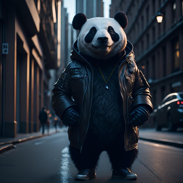 Miś panda w skórzanej kurtce stoi na środku ulicy.