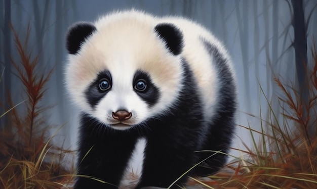 miś panda z czarnym nosem, białą twarzą i czarnymi oczami.