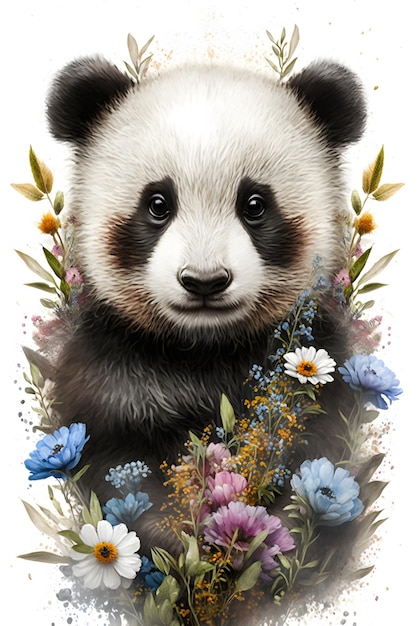 Miś panda z kwiatami na nim