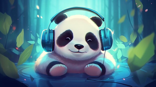Miś panda ze słuchawkami w lesie