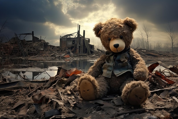 miś siedzi na ziemi na tle zrujnowanego miasta Konsekwencje zniszczenia miasta przez kataklizmy
