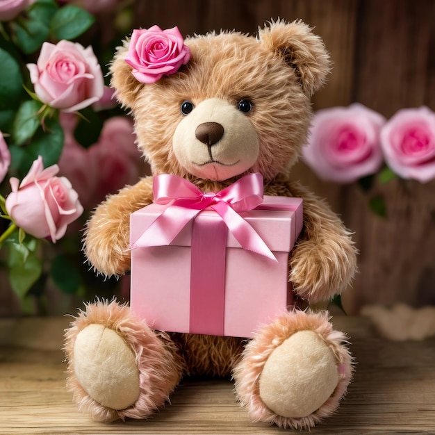 Miś Teddy trzyma różowy pudełko z prezentem z łukiem na górze