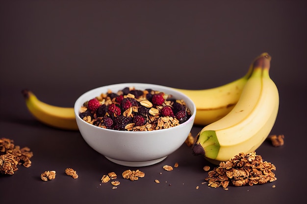 Miska Açaí z granola, owocami tropikalnymi, bananem, truskawką, maliną, skondensowanym mlekiem i płatkami zbożowymi. Selektywne skupienie. Ścieśniać.