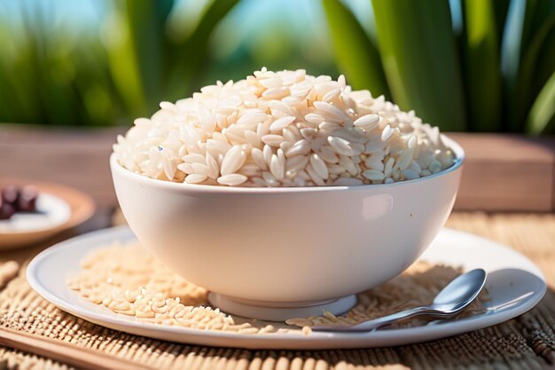 Zdjęcie miska białego ryżu stoi na stole z łyżką.