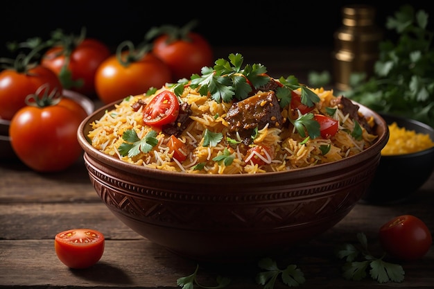 Miska biryani z miską pomidorów i kolendry na boku